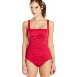 Calvin Klein Strawberry Red Ruched Retro Pinup Style One Piece Swimsuit Bra 8